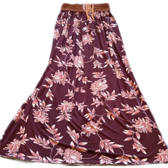 Jon & Anna Dresses & Skirts - Burgundy Floral Maxi Skirt By Jon & Anna, Western Boho Stretchy, Elastic Waist